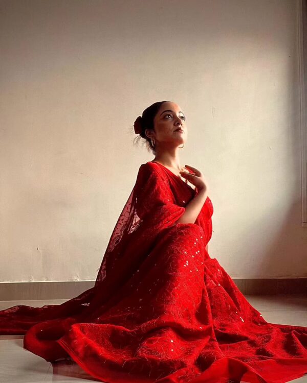 Red Chikankari Georgette Saree - Image 2