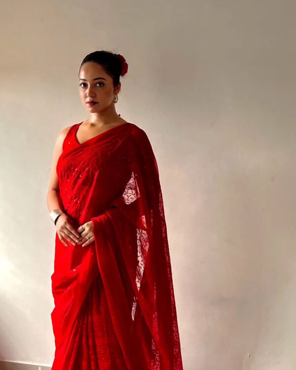 Red Chikankari Georgette Saree - Image 4