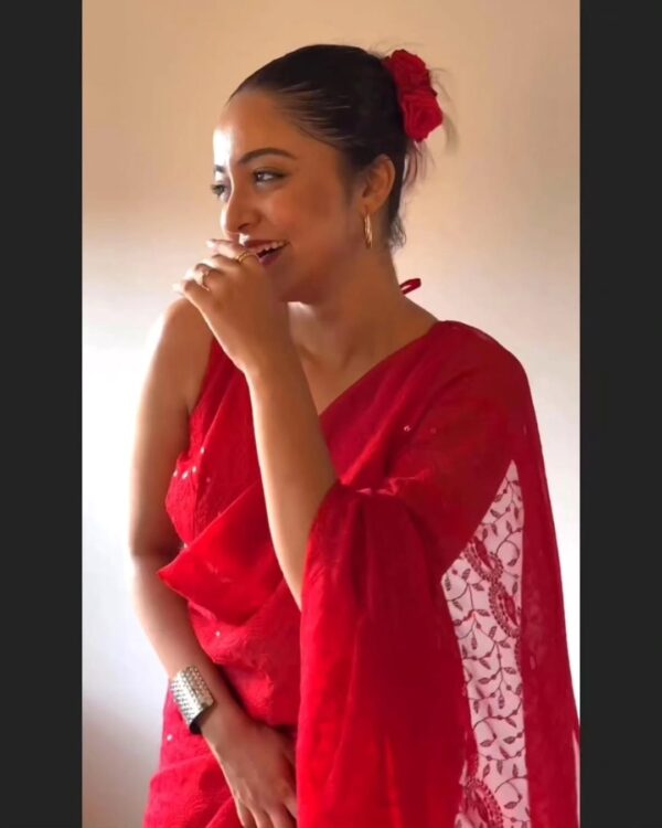 Red Chikankari Georgette Saree - Image 3