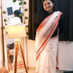 Jamdani Block Print Saree- White Red