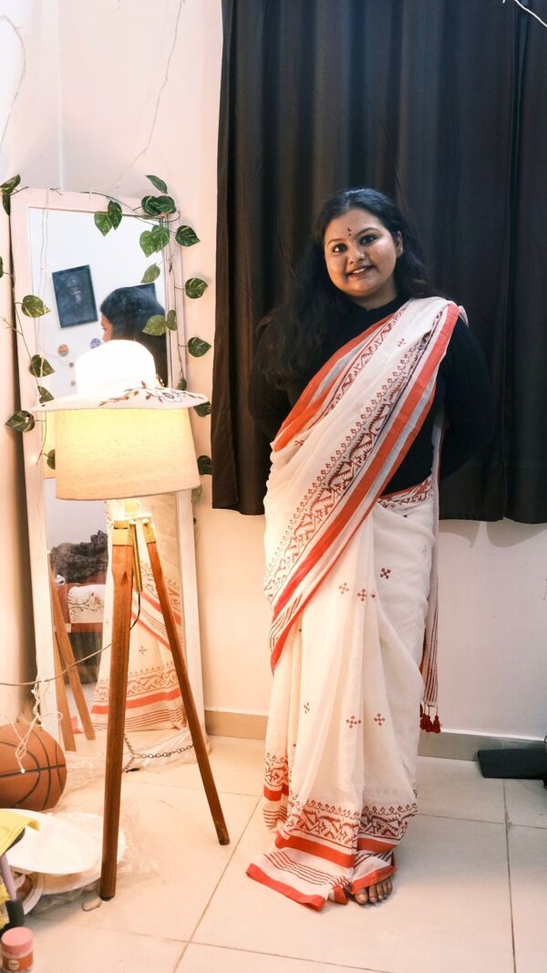 Jamdani Block Print Saree- White Red