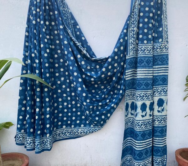 Indigo Dual Polka Block Print Saree