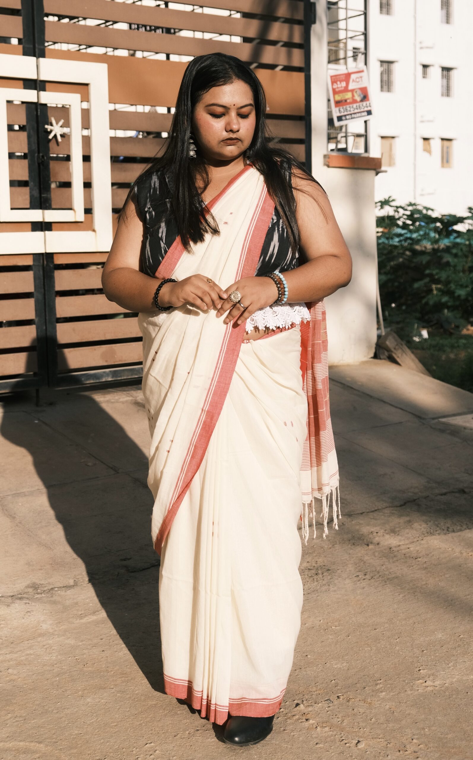 Labanya White Red Jamdani Saree