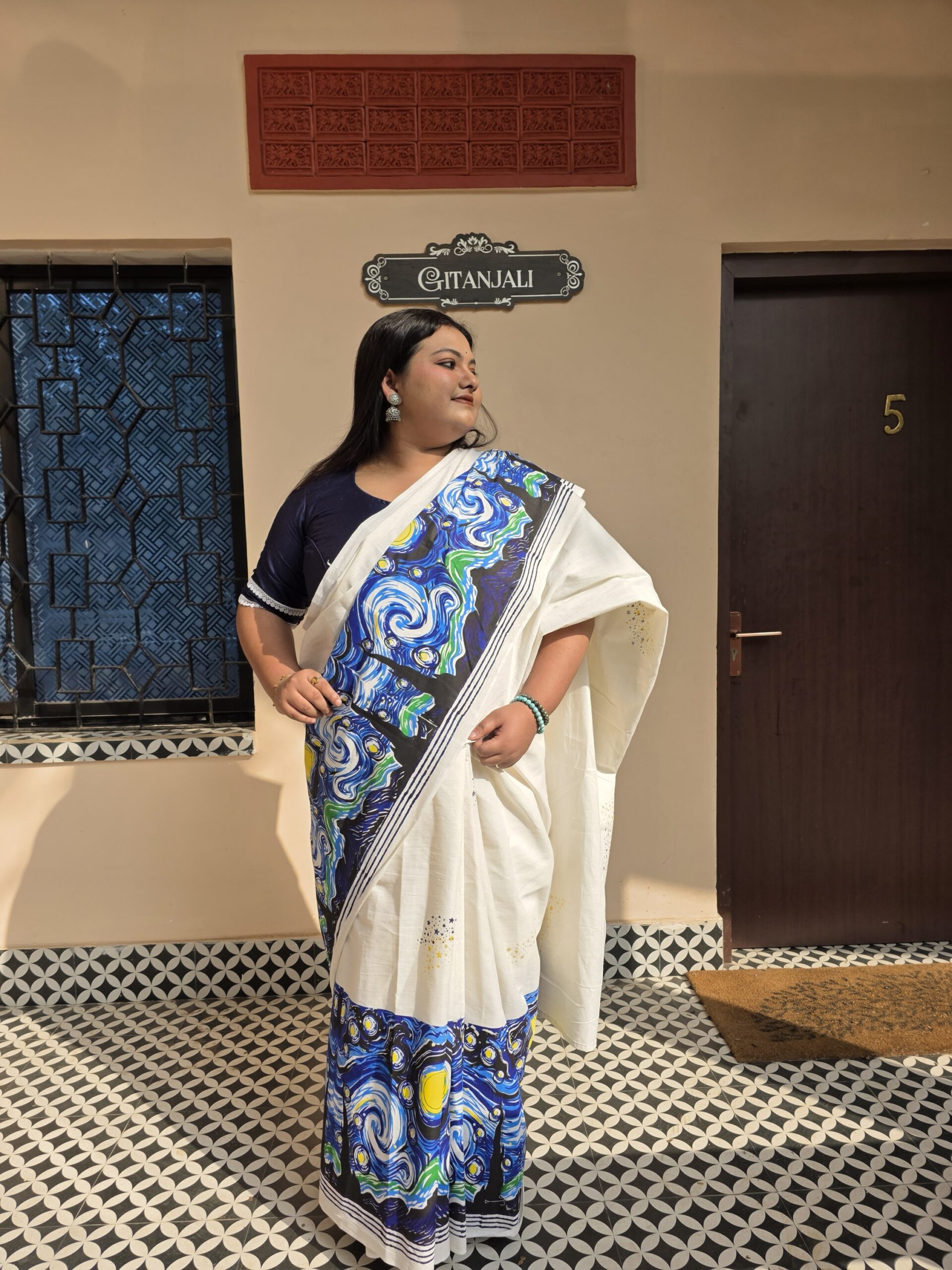 Starry Night Handblock Print Saree - Image 3