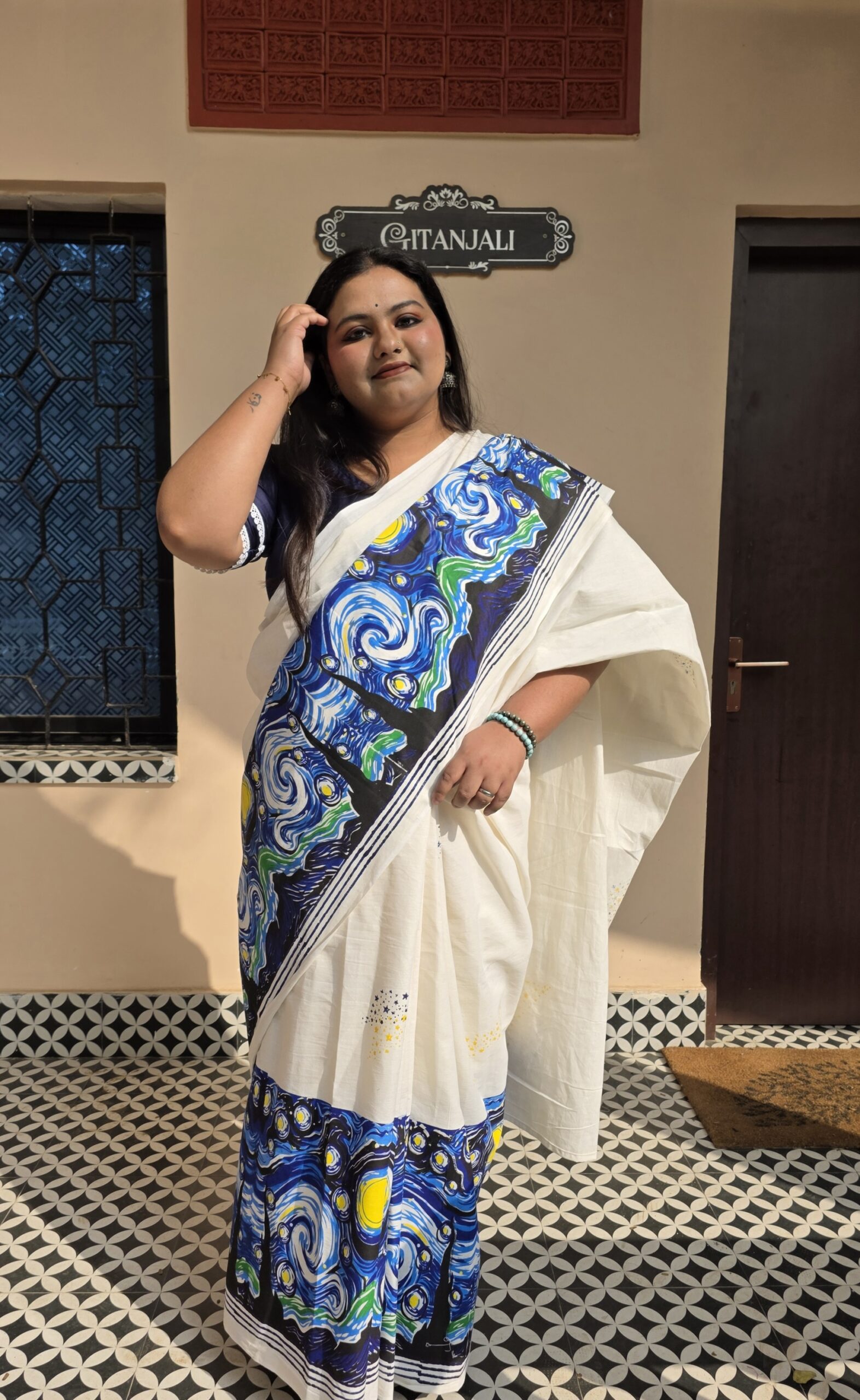 Starry Night Handblock Print Saree