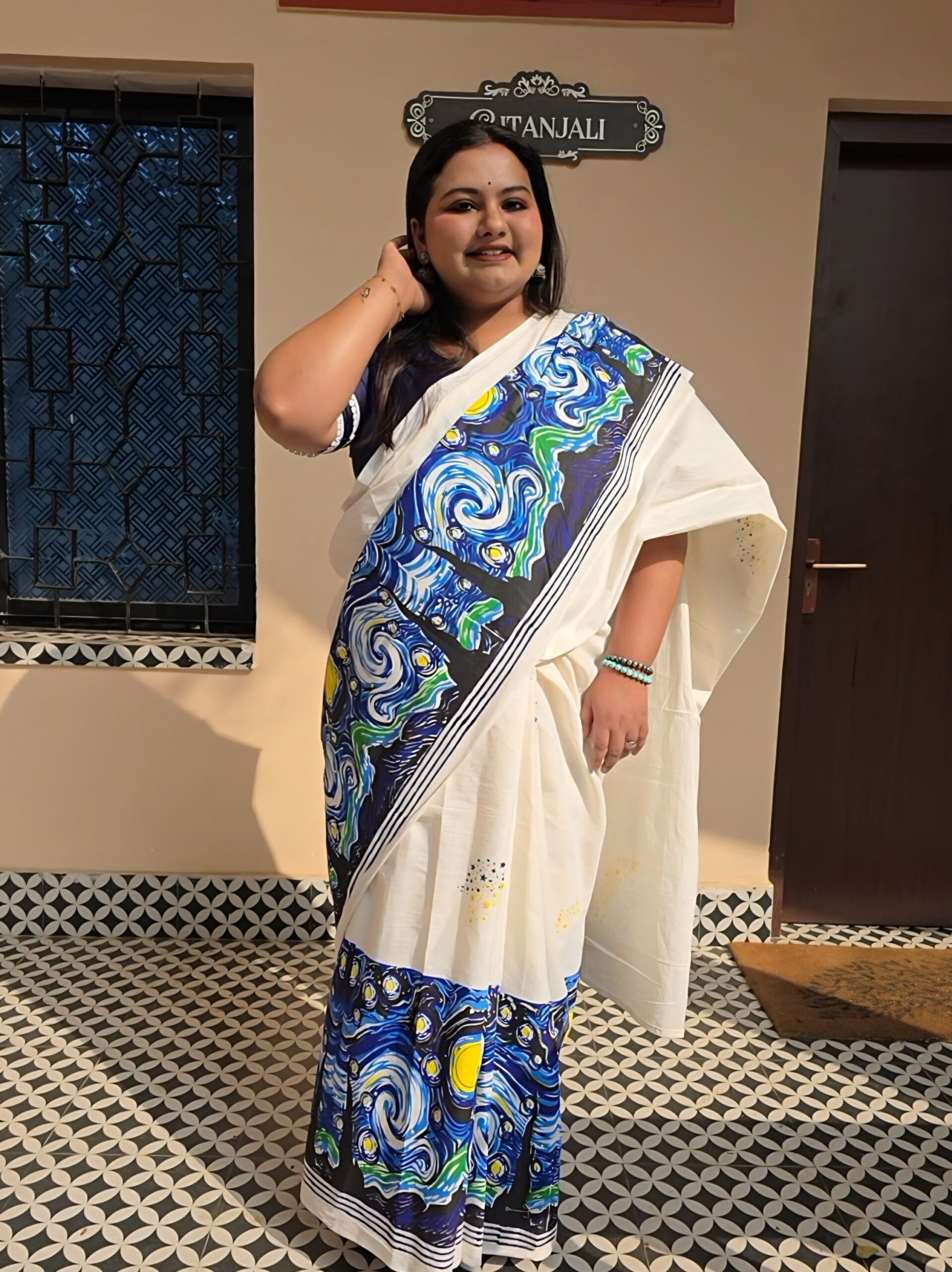 Starry Night Handblock Print Saree - Image 9