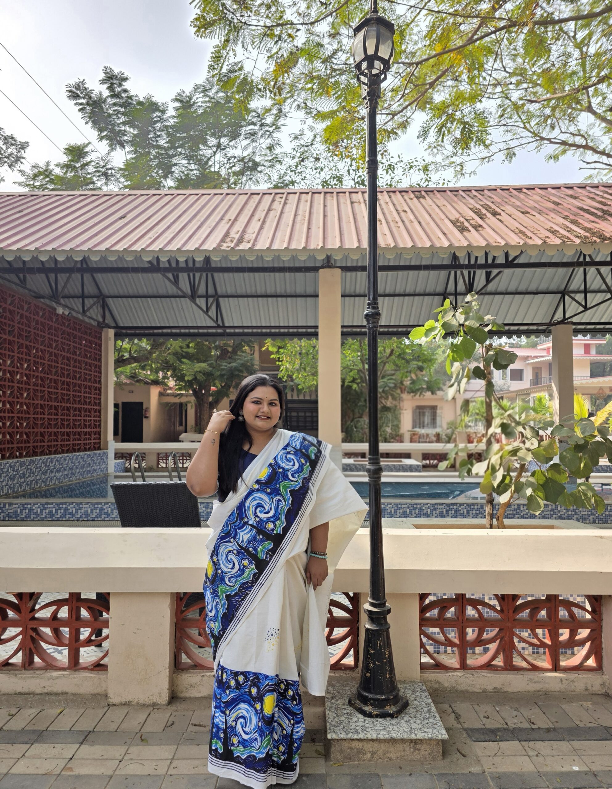 Starry Night Handblock Print Saree - Image 8