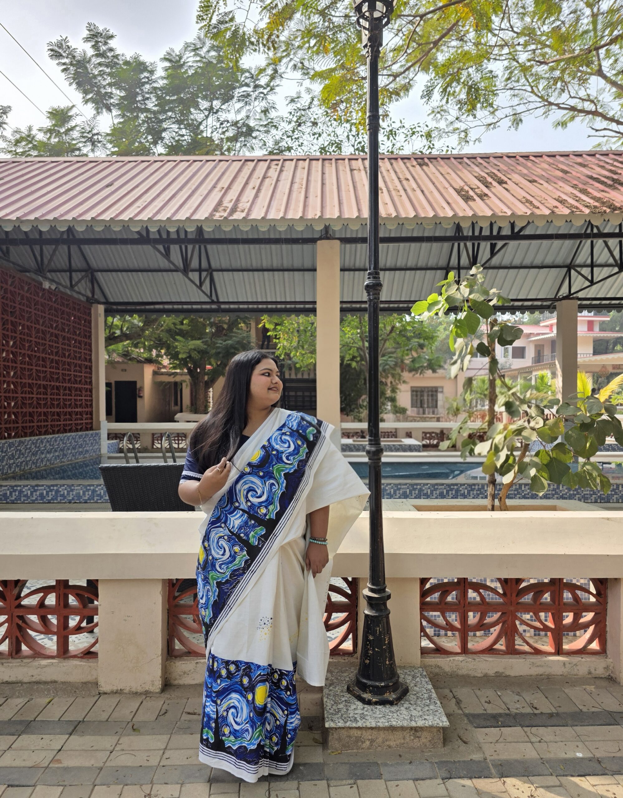 Starry Night Handblock Print Saree - Image 7