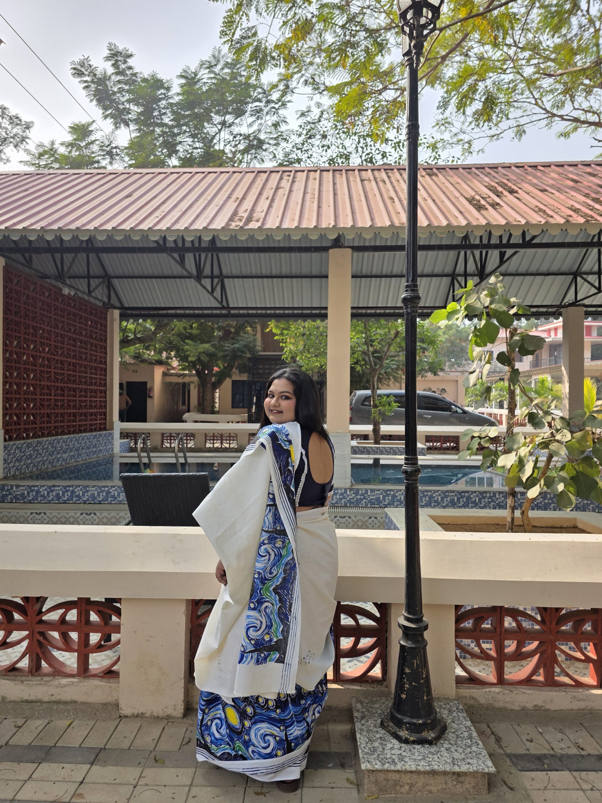 Starry Night Handblock Print Saree - Image 6