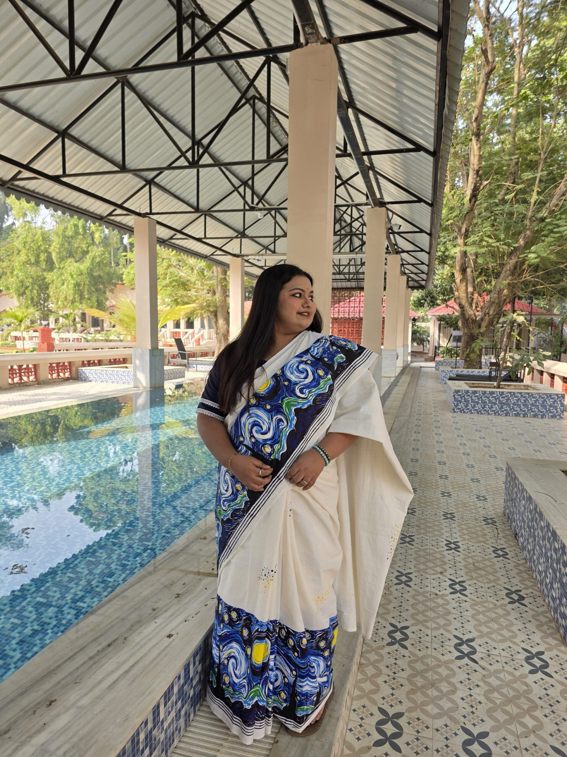 Starry Night Handblock Print Saree - Image 5