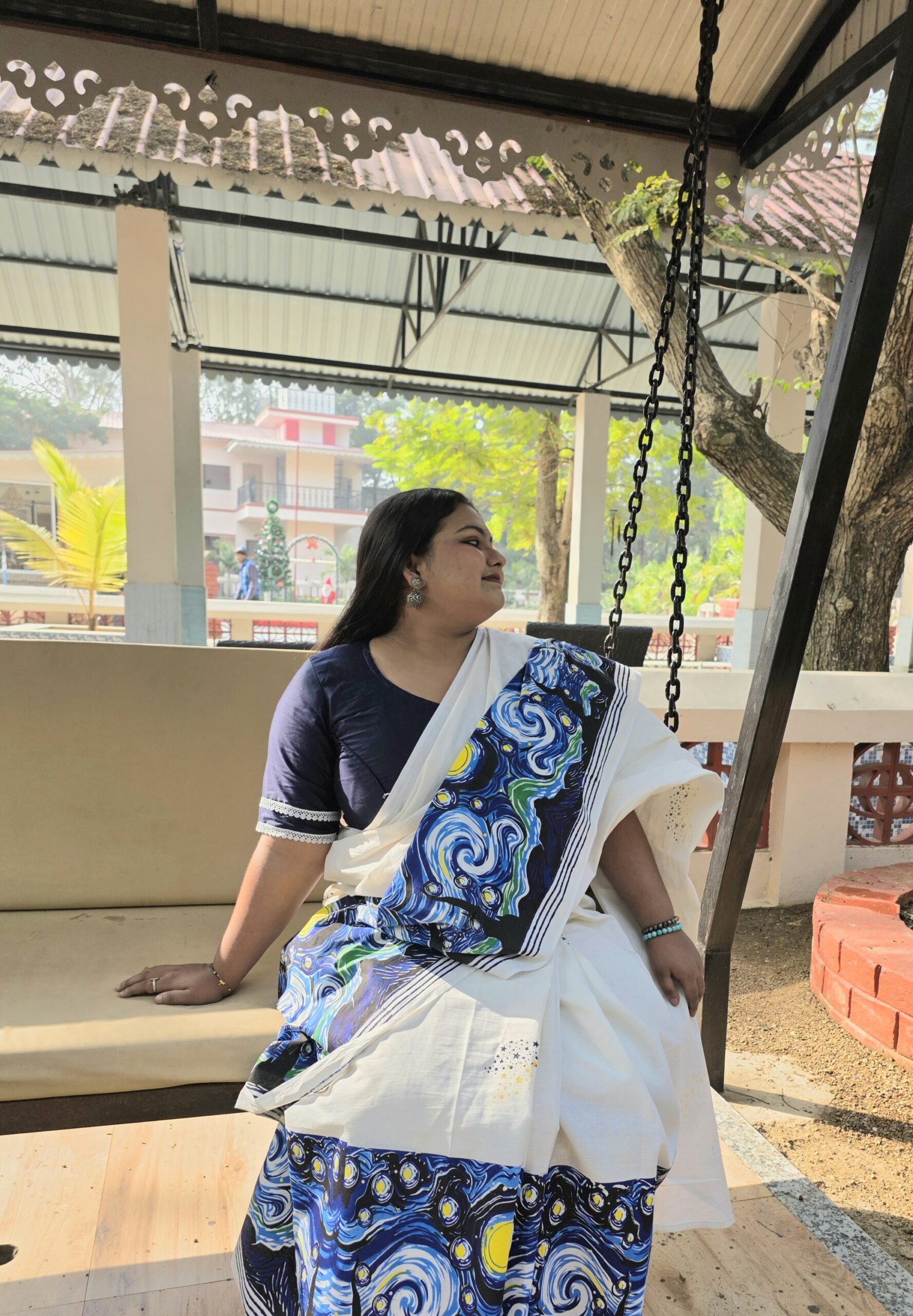 Starry Night Handblock Print Saree - Image 4